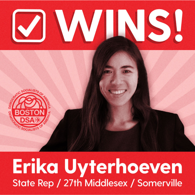 picture of Erika Uyterhoeven with text saying Erika Uyterhoeven Wins! State Rep, 27th Middlesex, Somerville