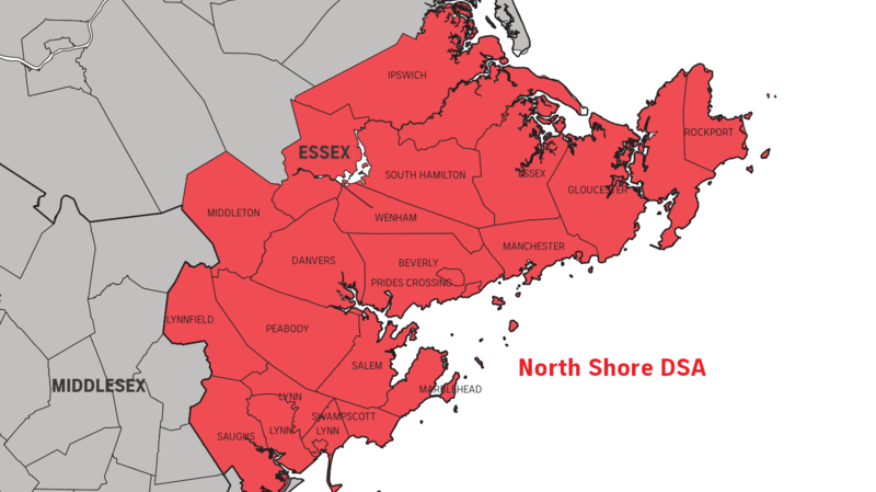 A map of North Shore DSA's territory, which extends from Saugus to Rockport to Essex.