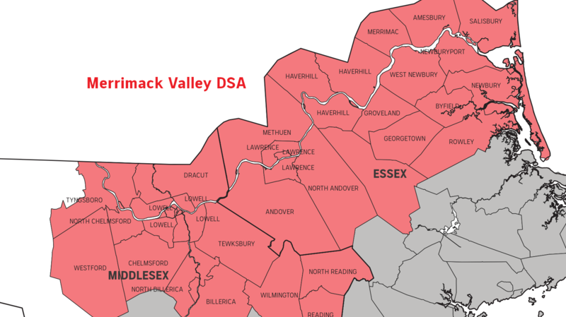 A map of Merrimack Valley DSA's territory, which extends along the New Hampshire border from Tyngsboro to Reading to Salisbury.