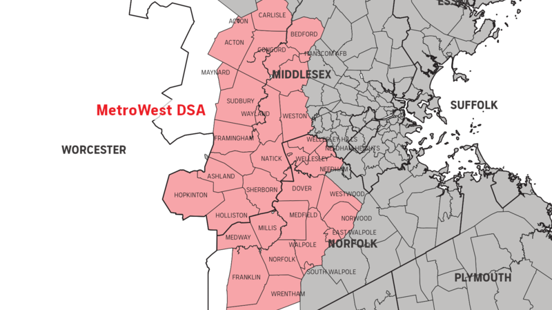 A map of MetroWest DSA's territory, which extends from Wrentham to Carlisle and from Needham to Hopkinton.