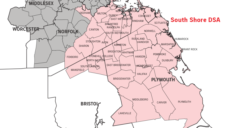 A map of South Shore DSA's territory, which extends from Plymouth to Foxboro to Quincy.