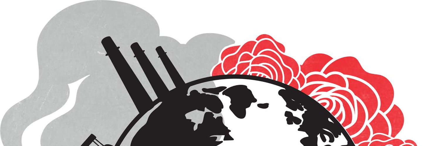 An animated Earth surrounded by smog and utility smokestacks on one side and roses on the other