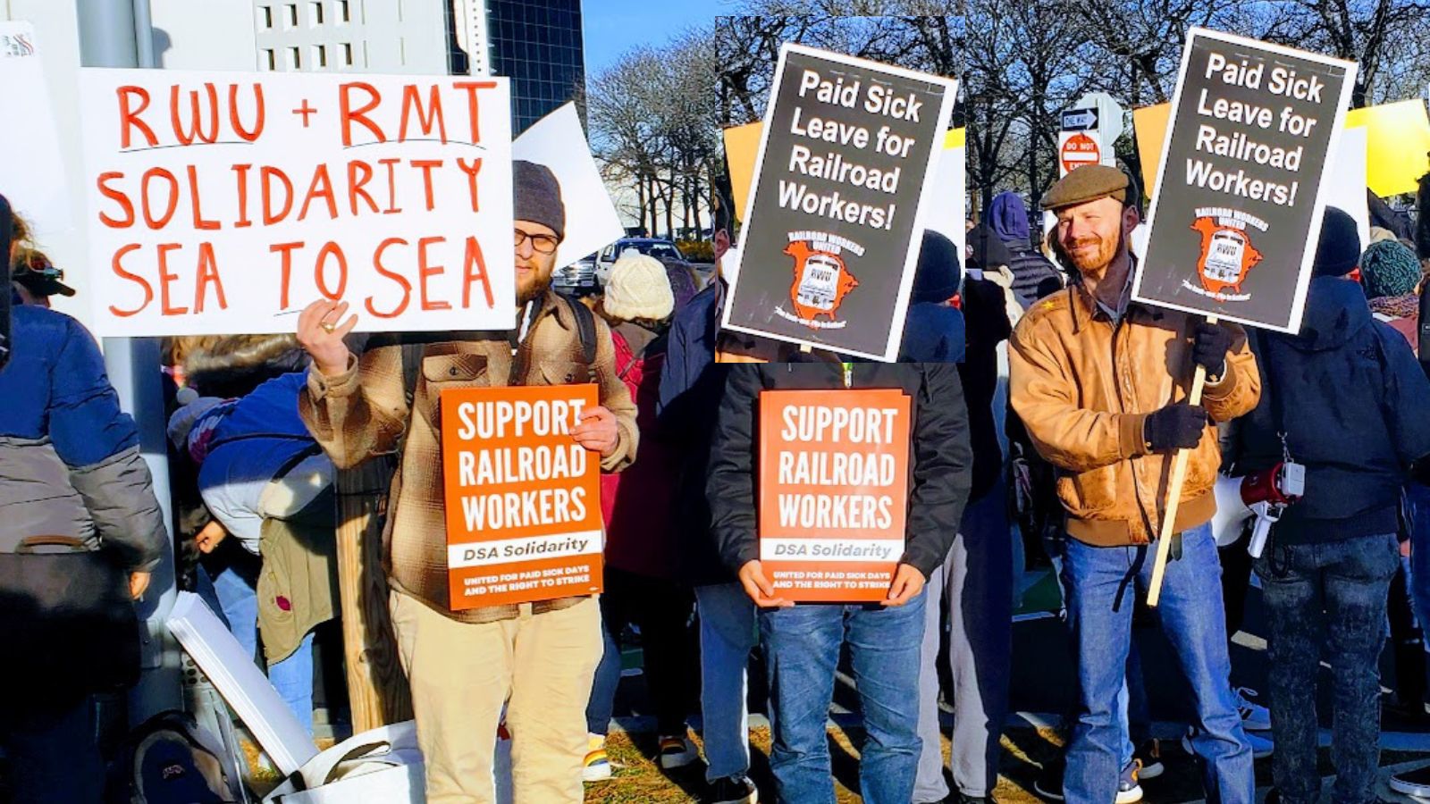 Picture of 3 attendees of a December picket on Biden after a tentative agreement was imposed on rail workers. Attendees' sign say "RWU + RMT Solidarity from Rail to Sea" "Support for Railroad workers, united for paid sick days and the right to strike", and "Paid sick leave for railroad workers"